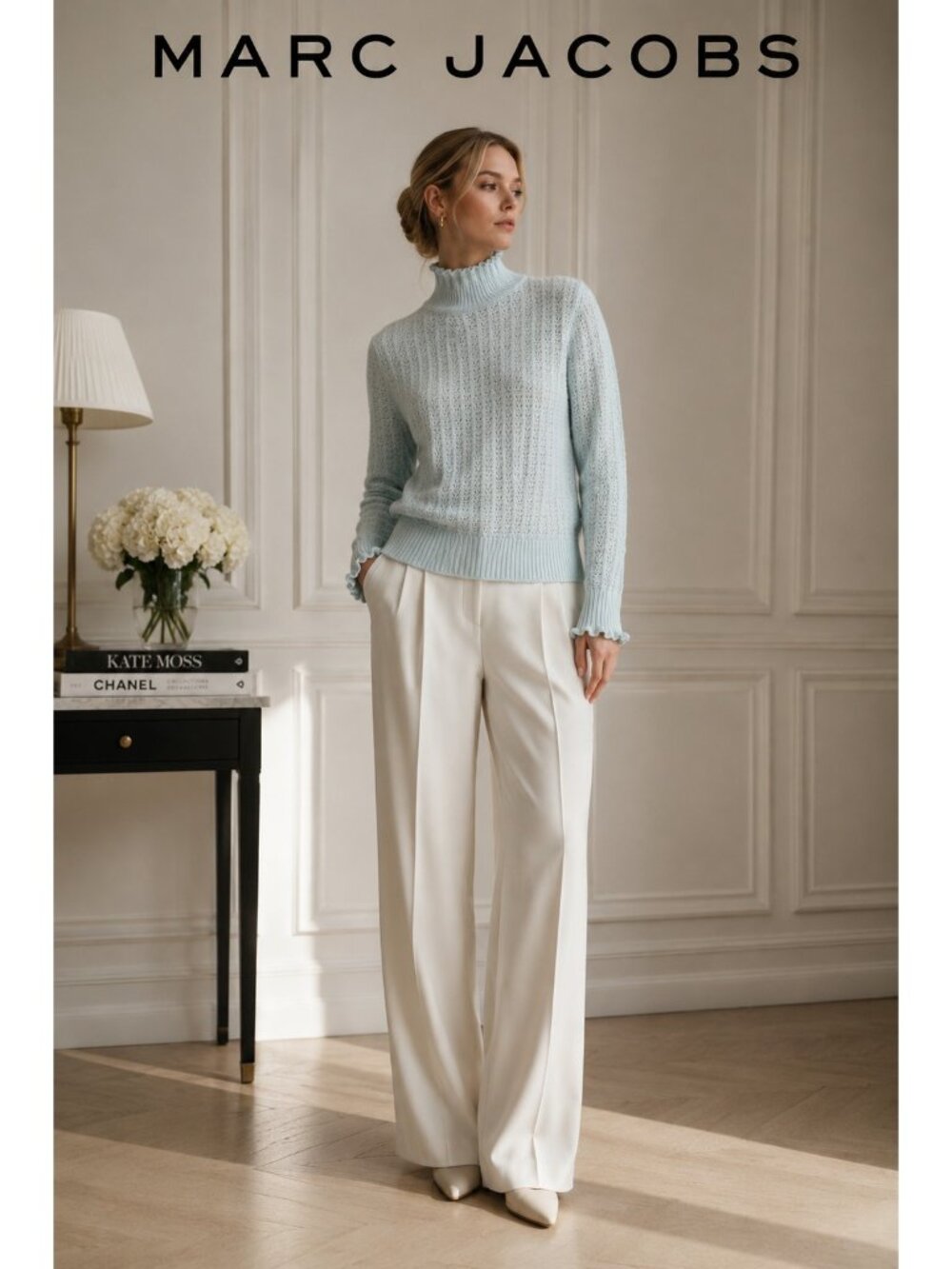 Marc Jacobs 100% Cashmere Pale Green Ruffle Turtleneck Sweater Women's XS Soft
